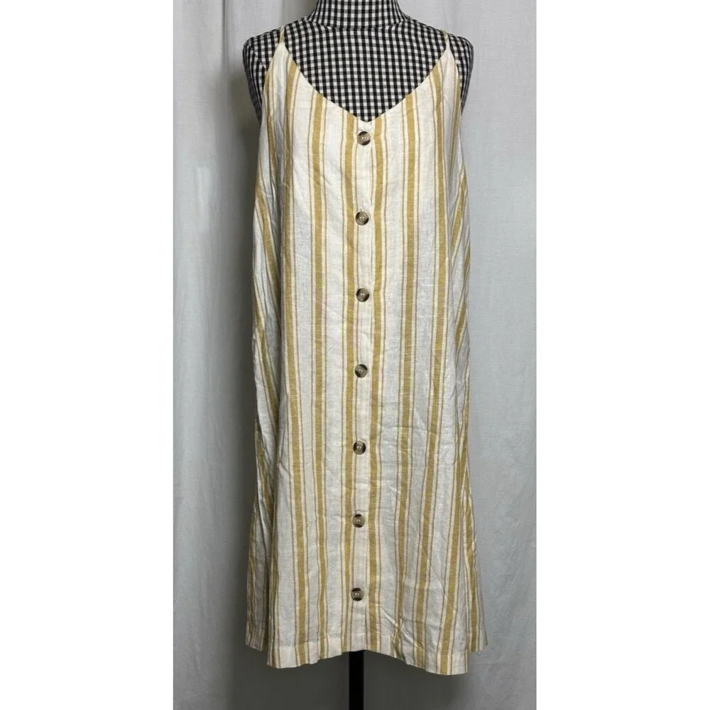 Altar'd State Linen Blend Dress Women's Large Button-Up Strappy Yellow Striped